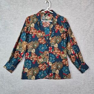 Indya Women Teal Blue Floral Rayon Blend Blazer Blouse Top Size S